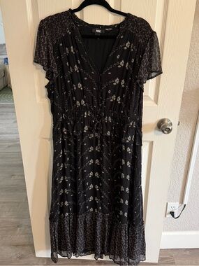 PAIGE Black Floral V-Neck Drawstring Midi Dress